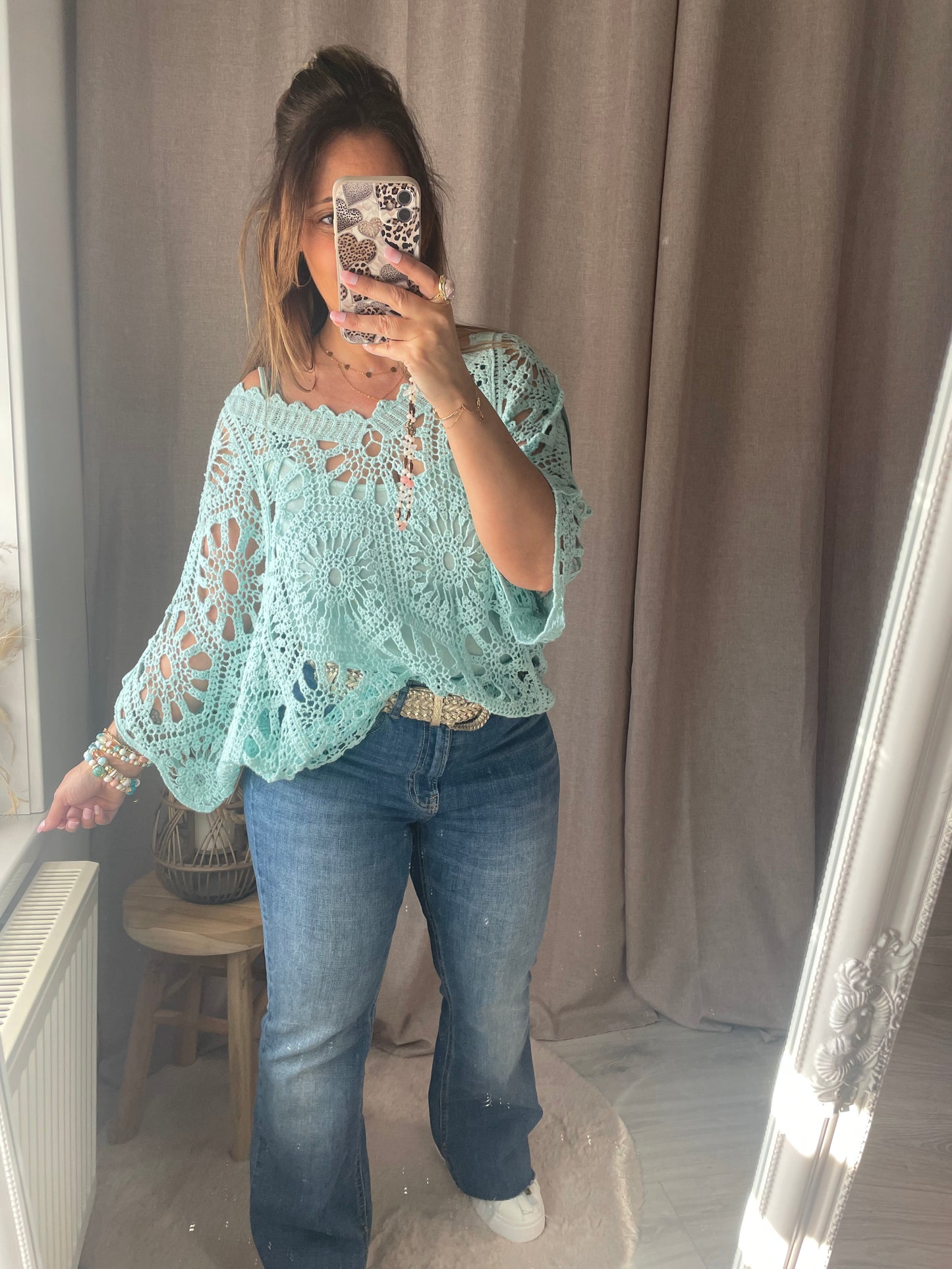Top ample bohème en crochet vert d’eau Amélia