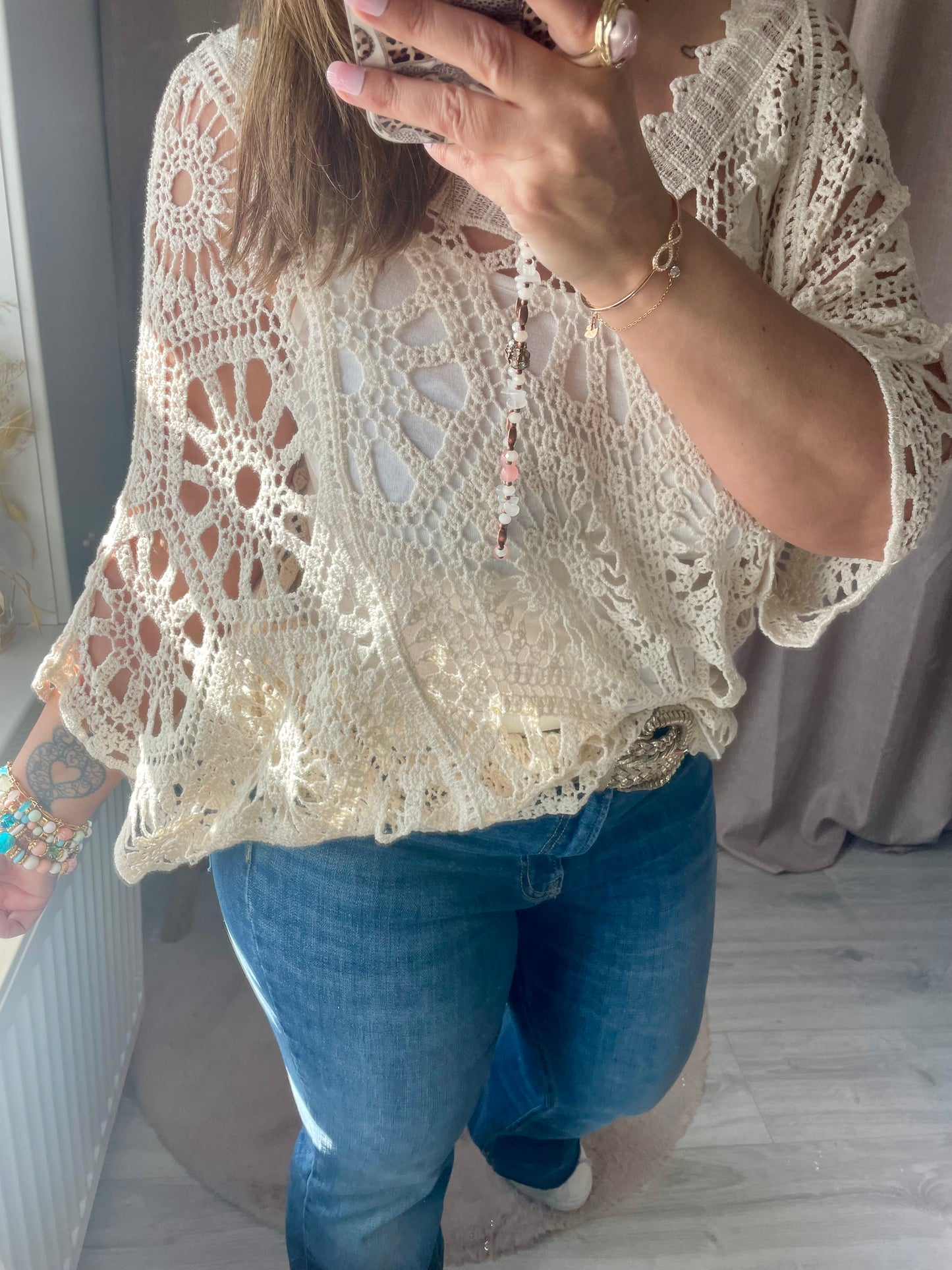 Top ample en crochet bohème beige Amélia