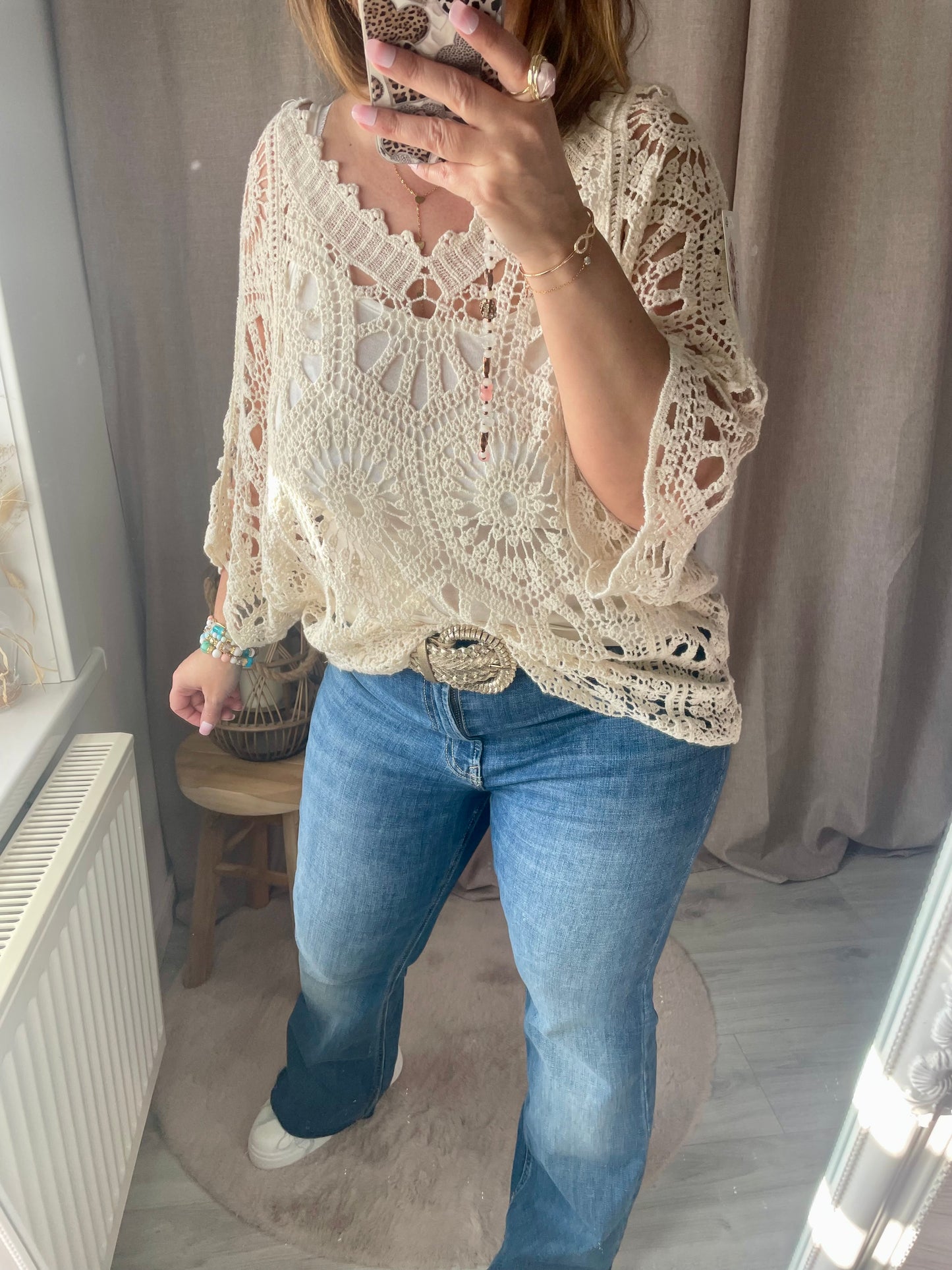 Top ample en crochet bohème beige Amélia