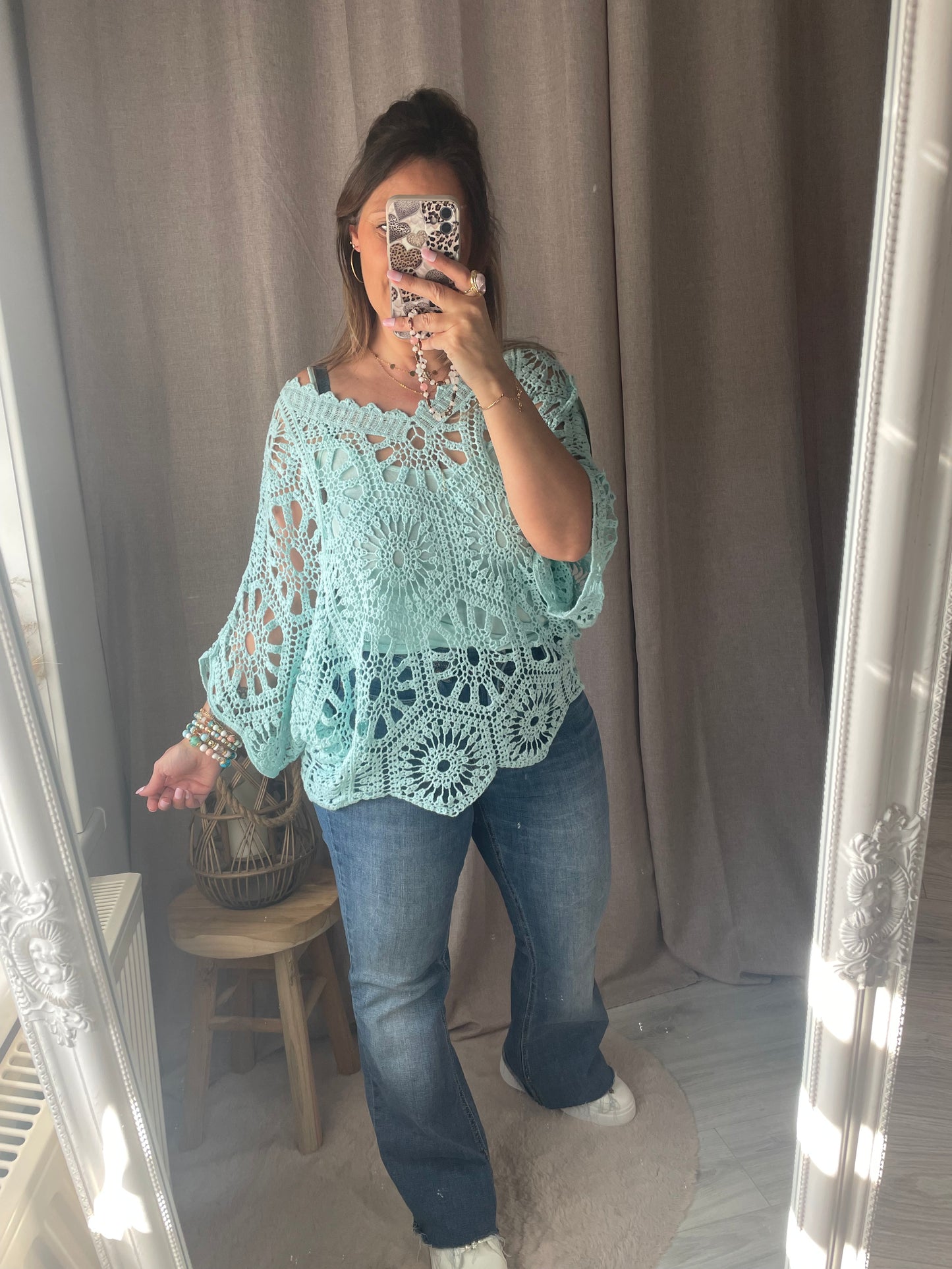 Top ample bohème en crochet vert d’eau Amélia
