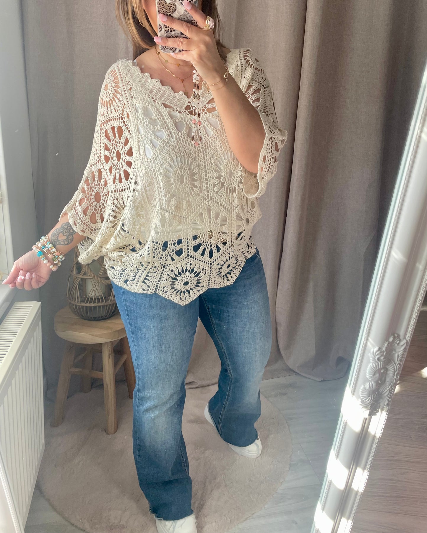 Top ample en crochet bohème beige Amélia