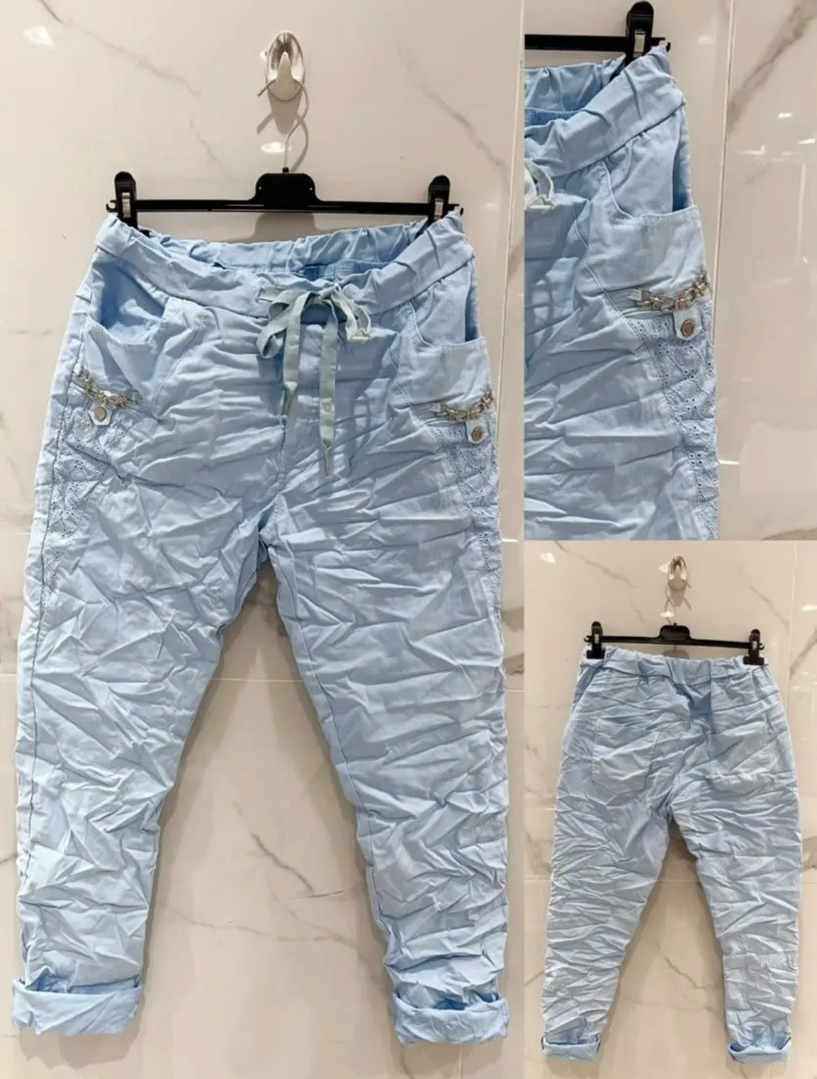 Pantalon bleu ciel aspect froissé Stretch ceinture élastique