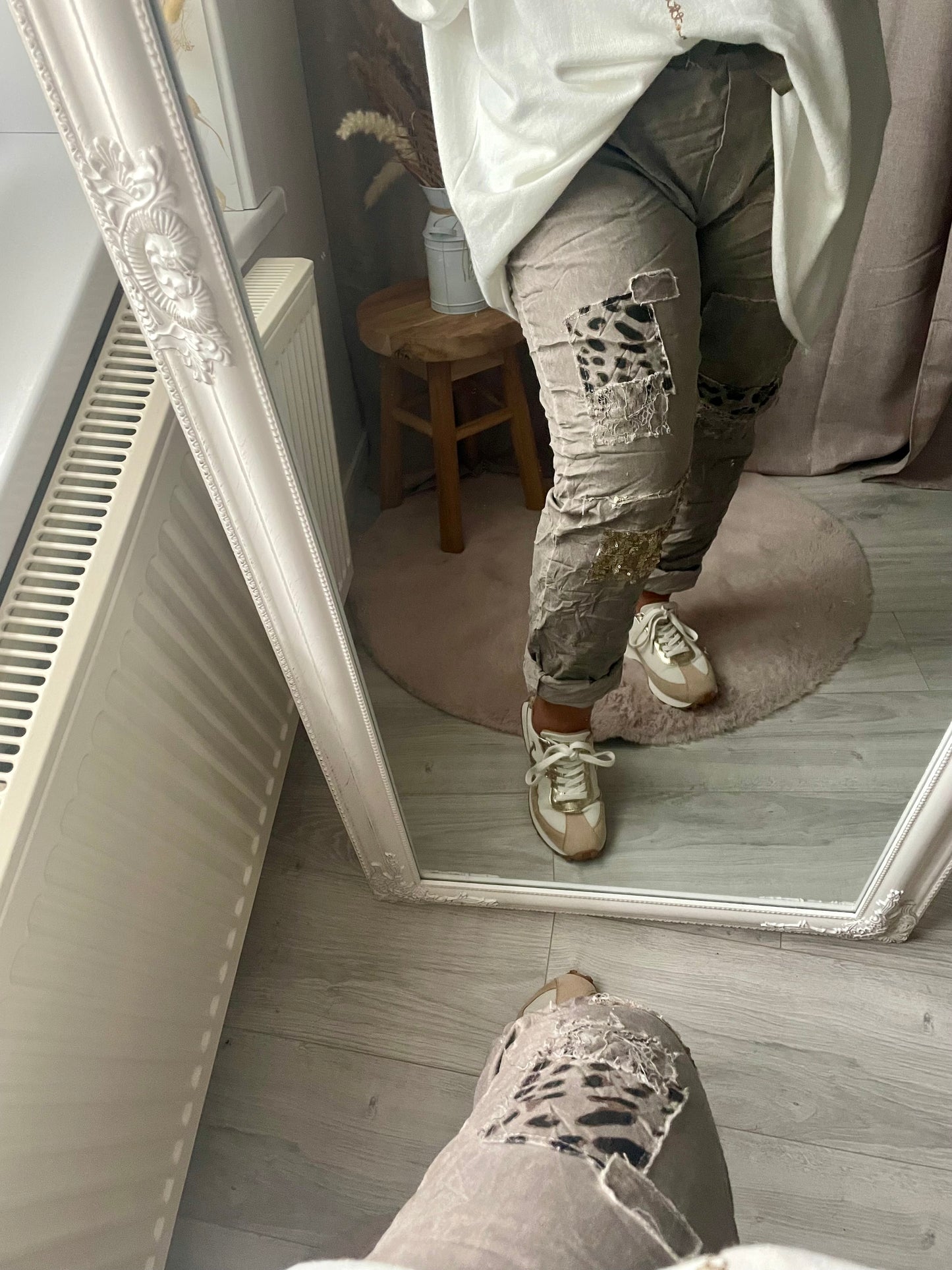 Pantalon aspect froissé délavé léopard taupe
