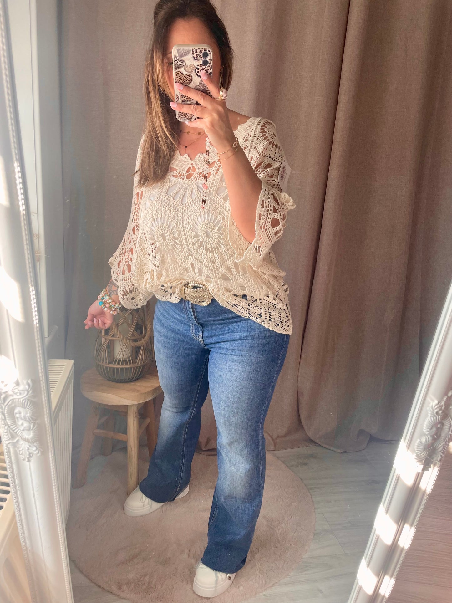 Top ample en crochet bohème beige Amélia