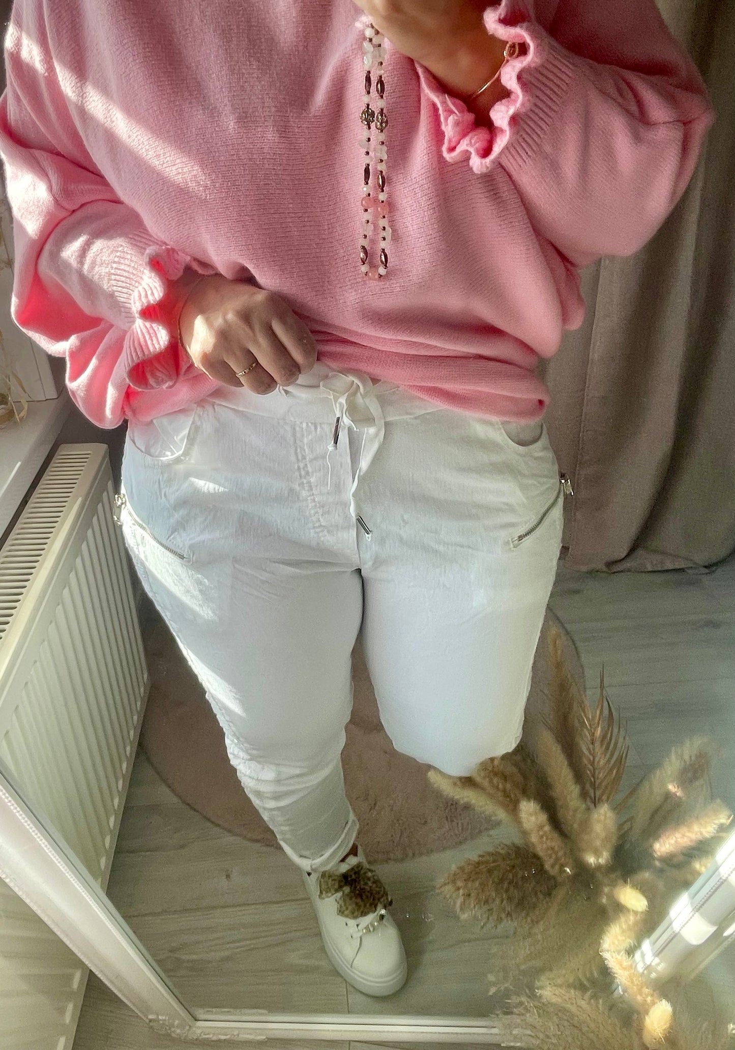 Pantalon blanc aspect froissé dentelle Stretch ceinture élastique