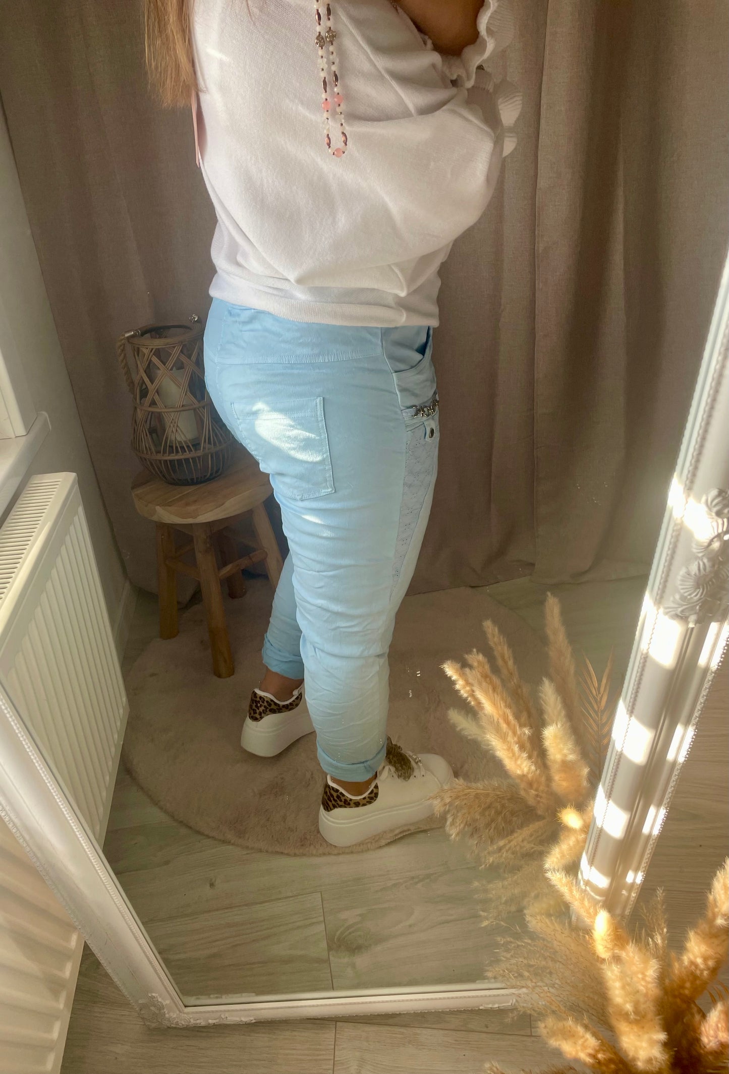 Pantalon bleu ciel aspect froissé Stretch ceinture élastique