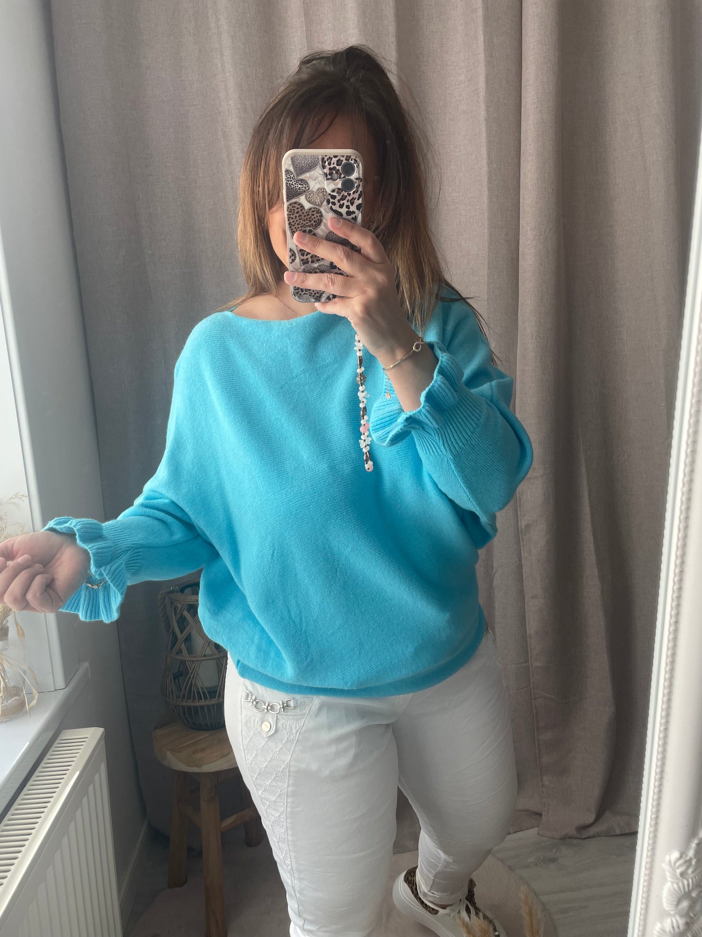 Pull turquoise petite maille manches chauve-souris Mya