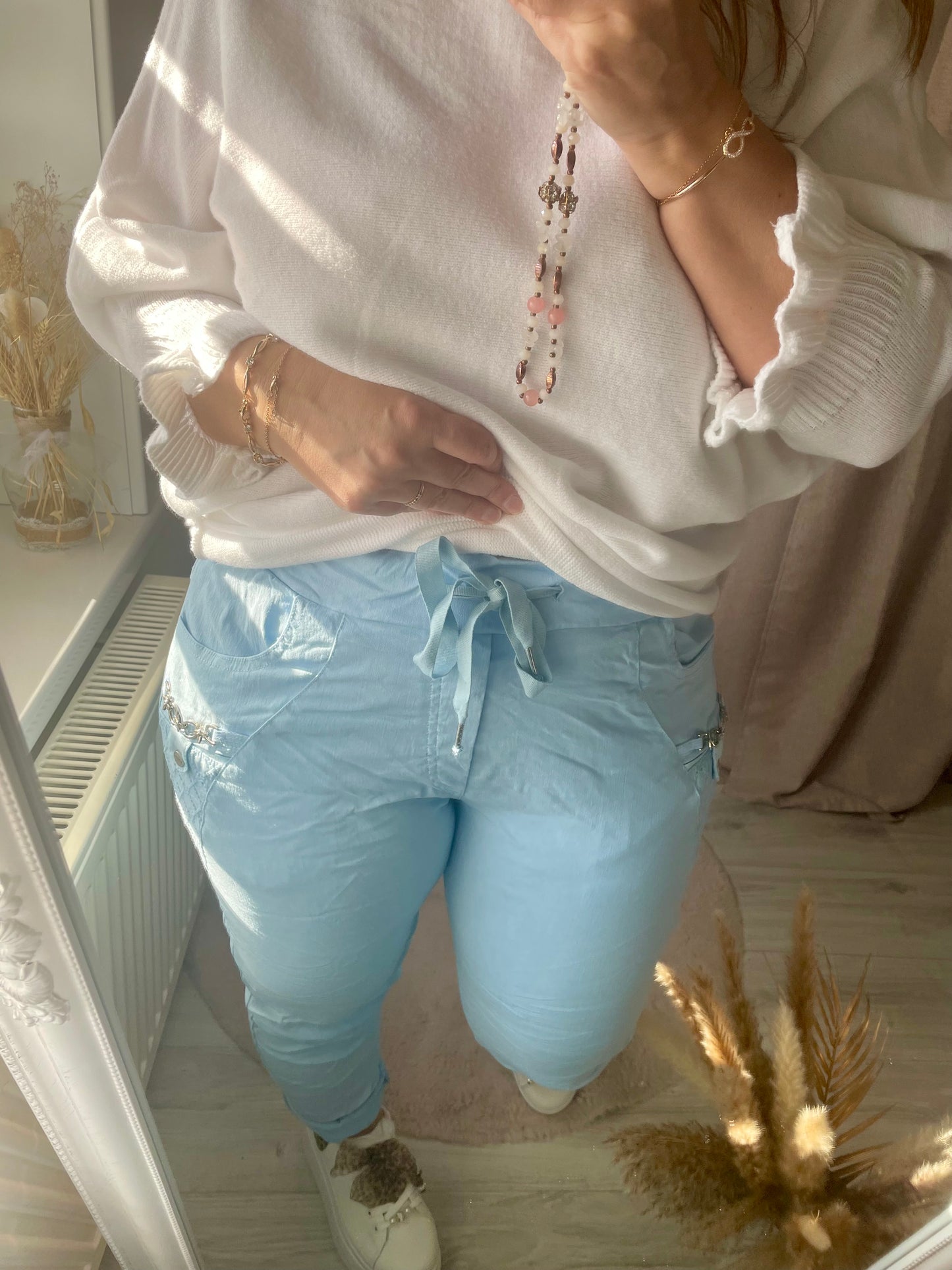 Pantalon bleu ciel aspect froissé Stretch ceinture élastique