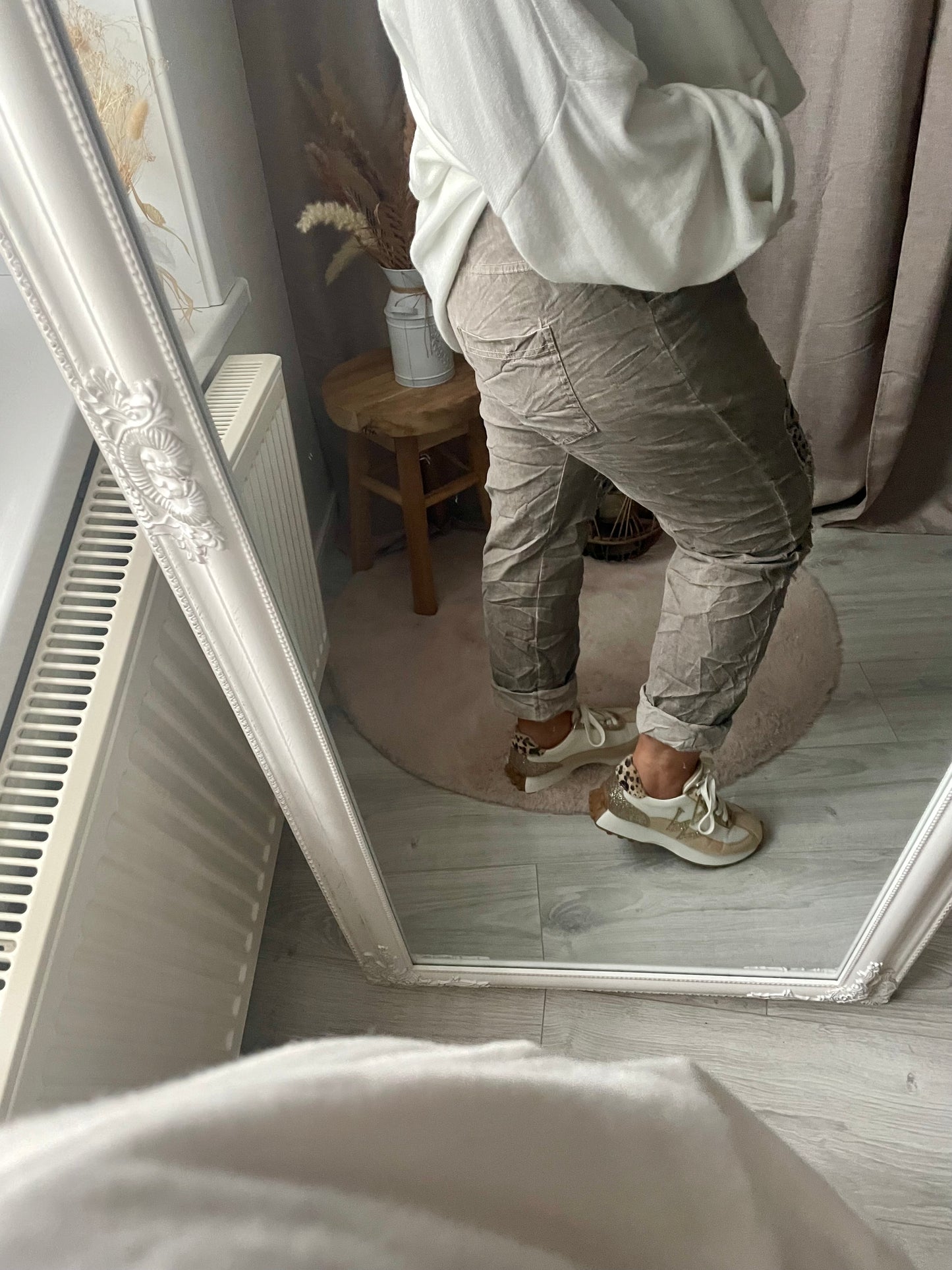 Pantalon aspect froissé délavé léopard taupe