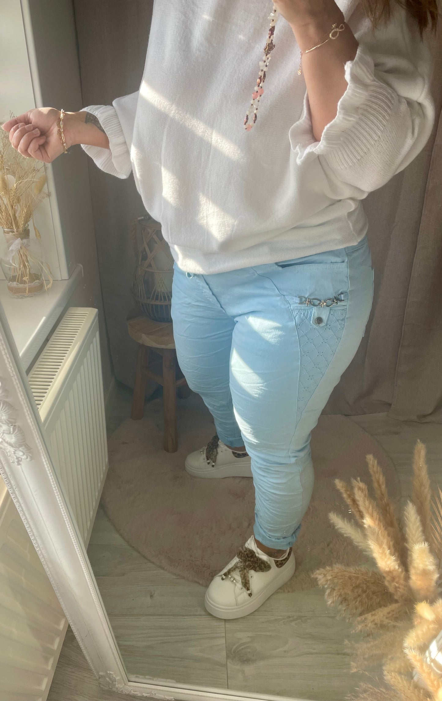Pantalon bleu ciel aspect froissé Stretch ceinture élastique