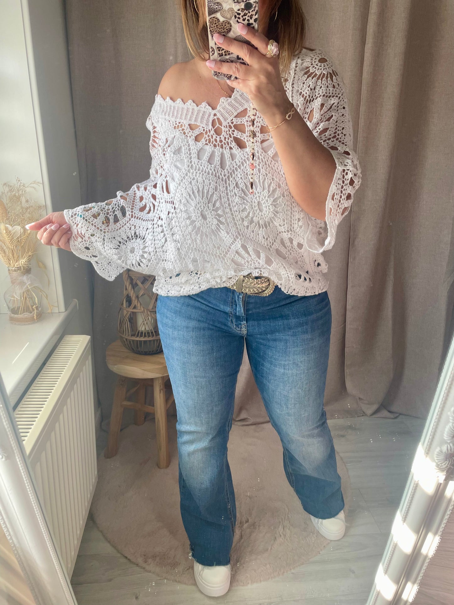 Top ample en crochet bohème blanc Amélia