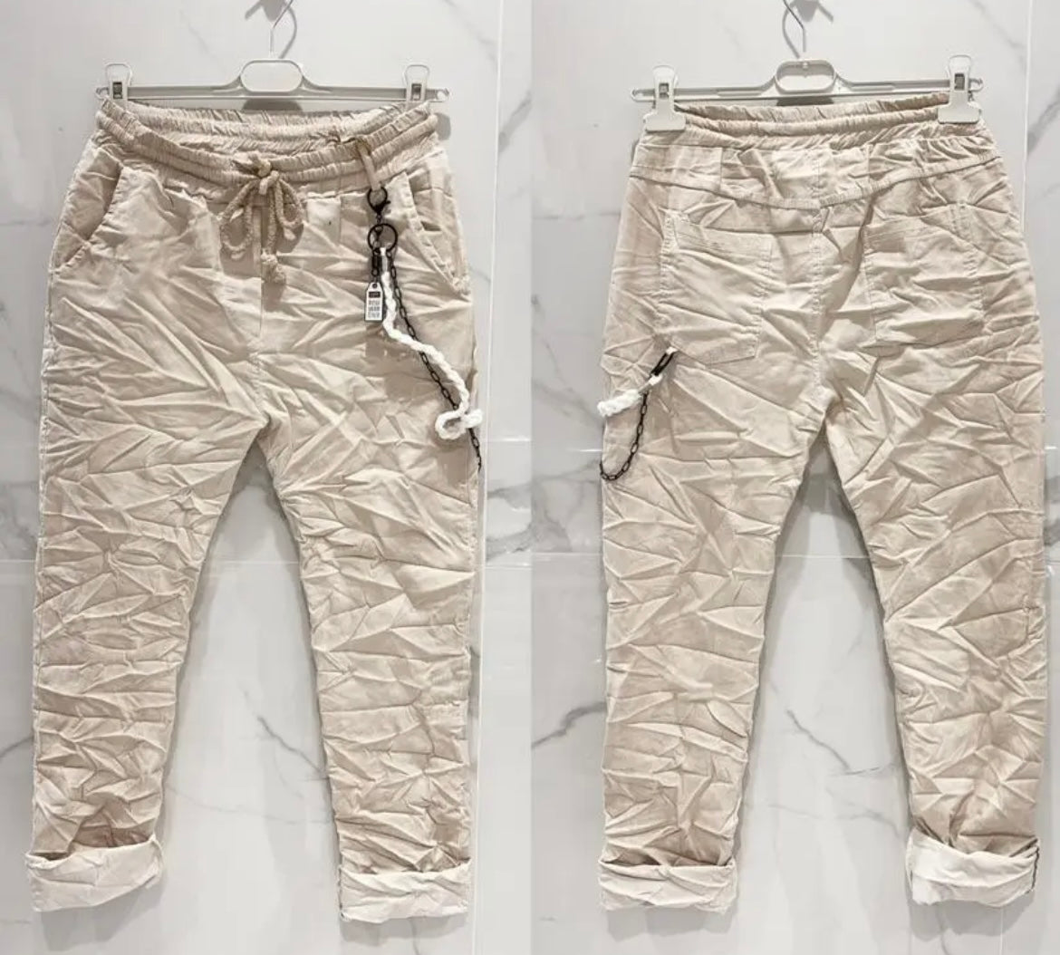 Pantalon beige aspect froissé Stretch ceinture élastique