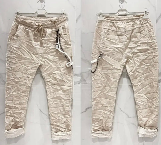 Pantalon beige aspect froissé Stretch ceinture élastique