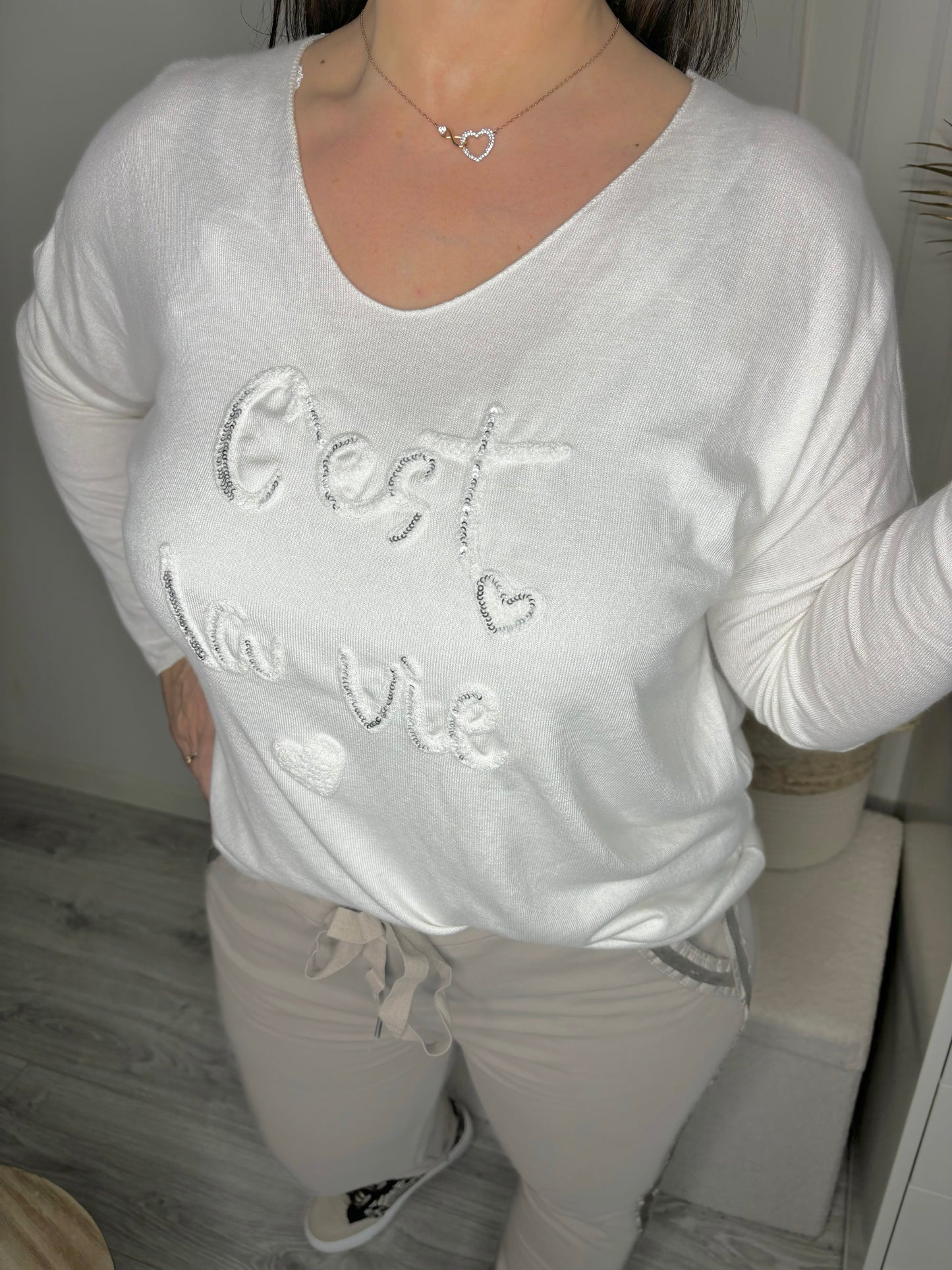 Pull léger « c’est la vie » blanc Marie