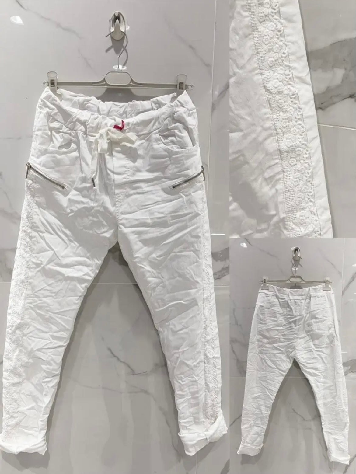 Pantalon blanc aspect froissé dentelle Stretch ceinture élastique