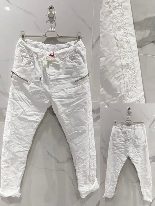 Pantalon blanc aspect froissé dentelle Stretch ceinture élastique