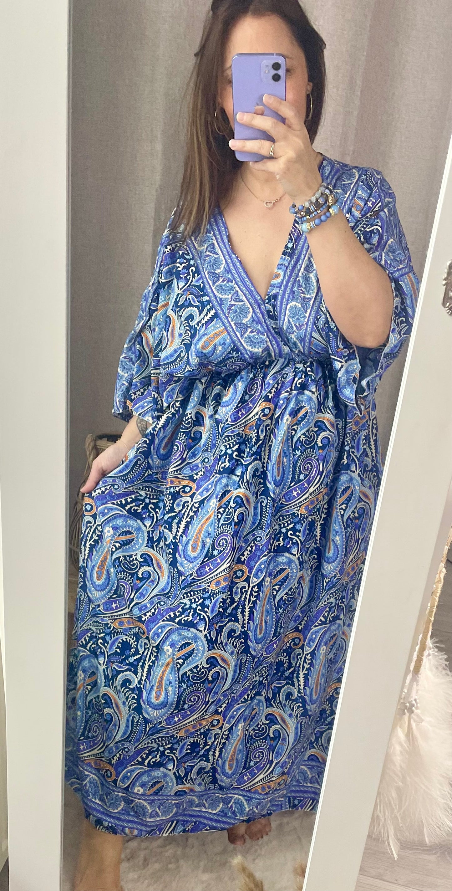 Robe Longue motif cachemire en soie bleu Clara