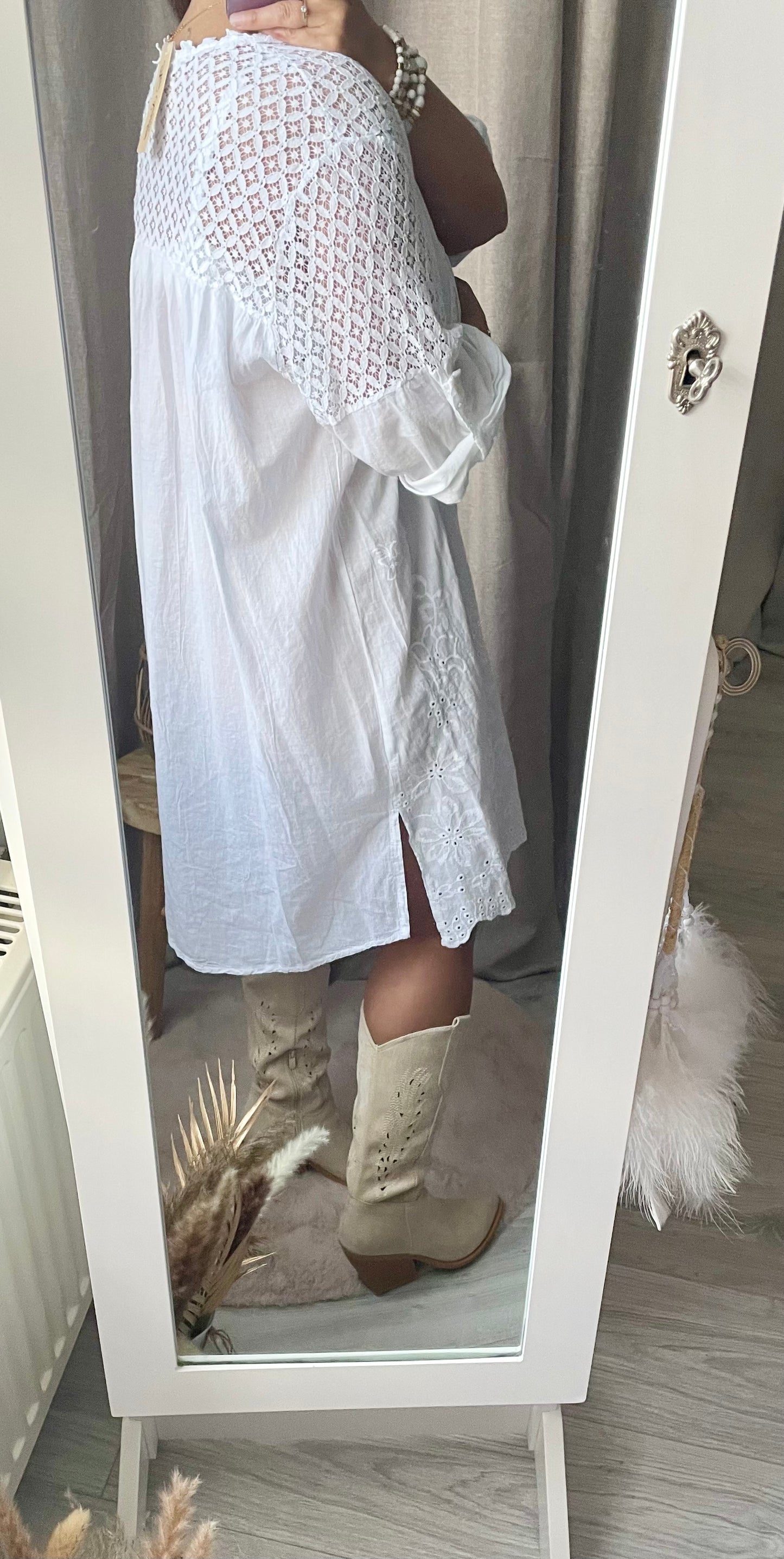 Robe légère voile de coton haut brodé blanche Camélia