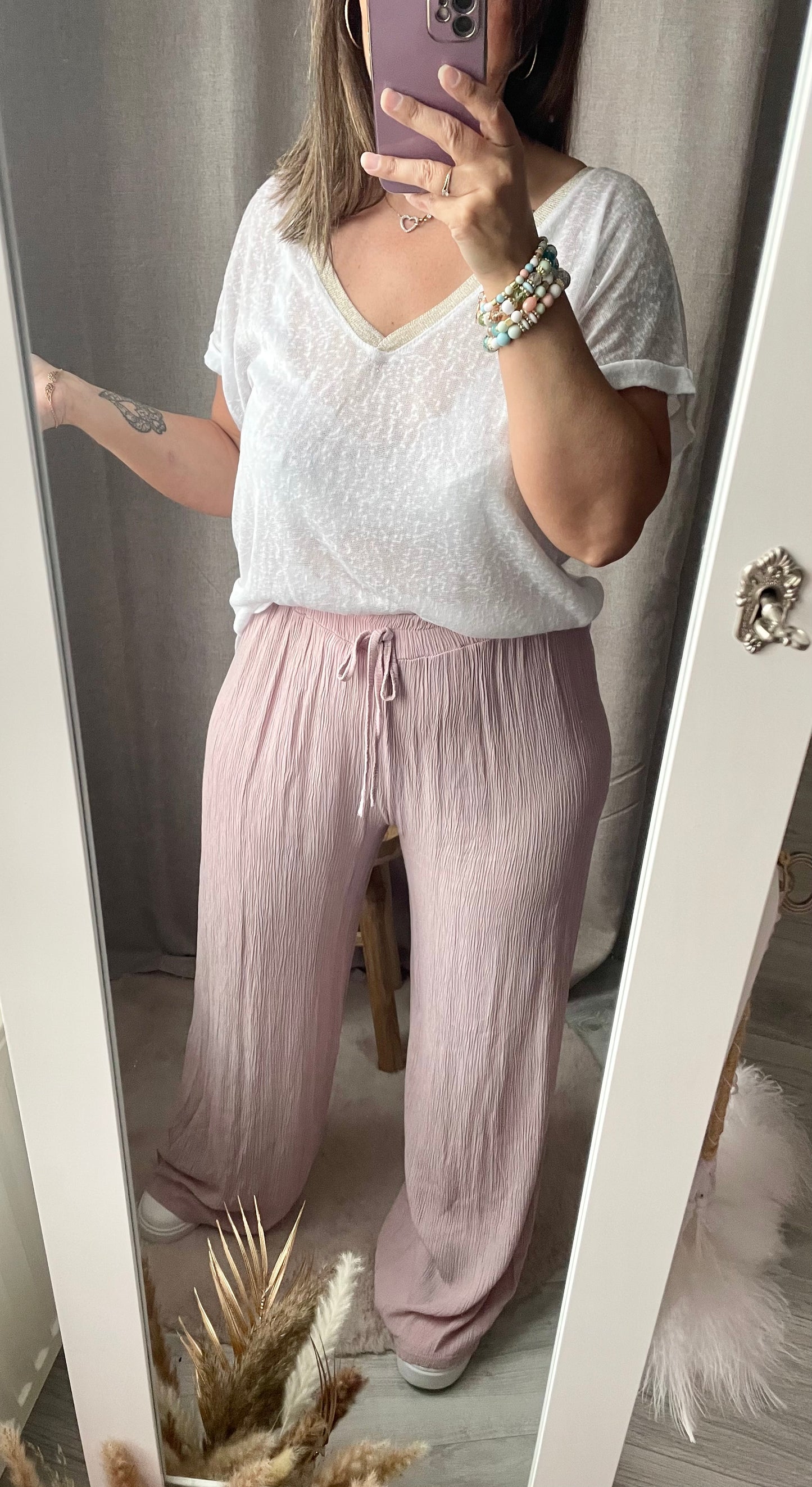 Pantalon très fluide gaze doux rose poudré Emy