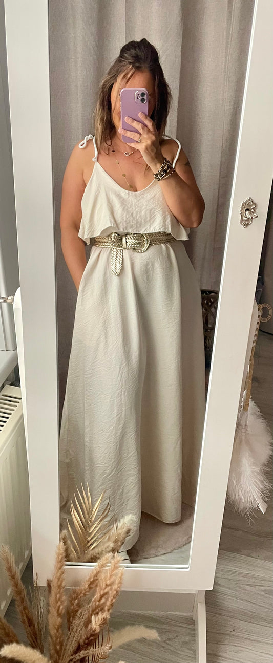 Robe beige maxi fluide à bretelle cordon blanc Cléophée