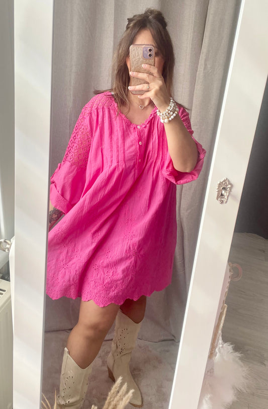 Robe légère voile de coton haut brodé fuchsia Camélia