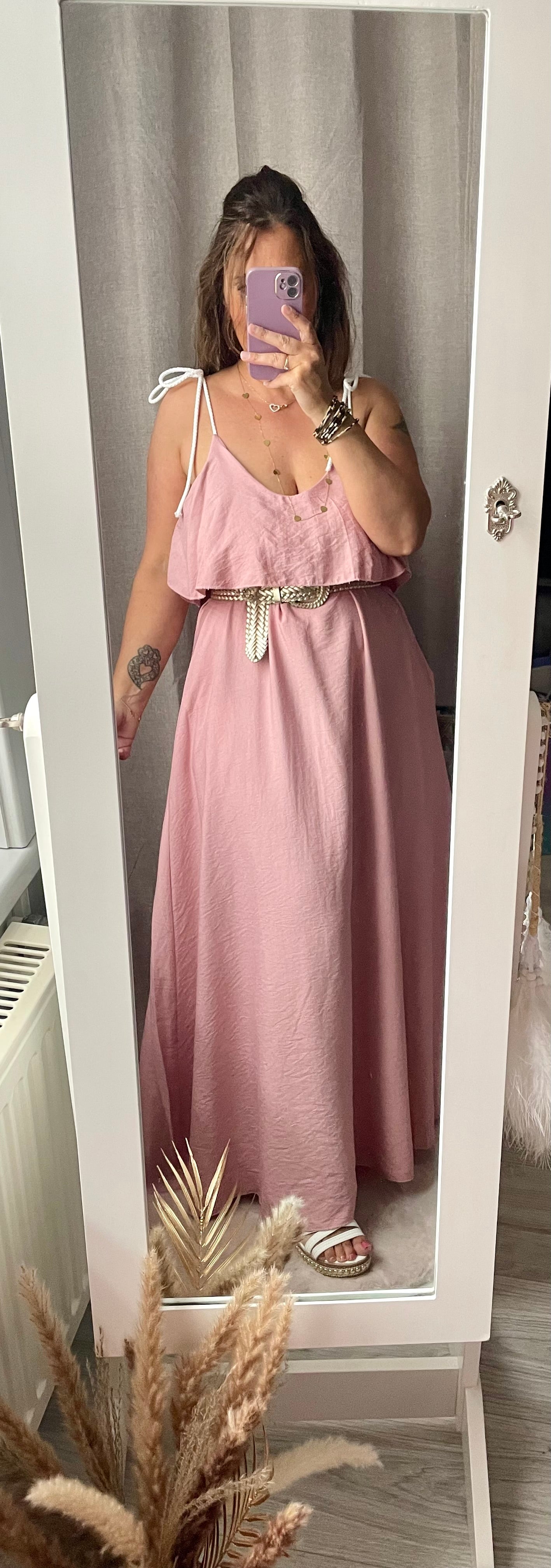 Robe rose poudrée maxi fluide à bretelle cordon blanc Cléophée