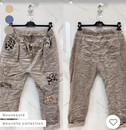 Pantalon aspect froissé délavé léopard taupe