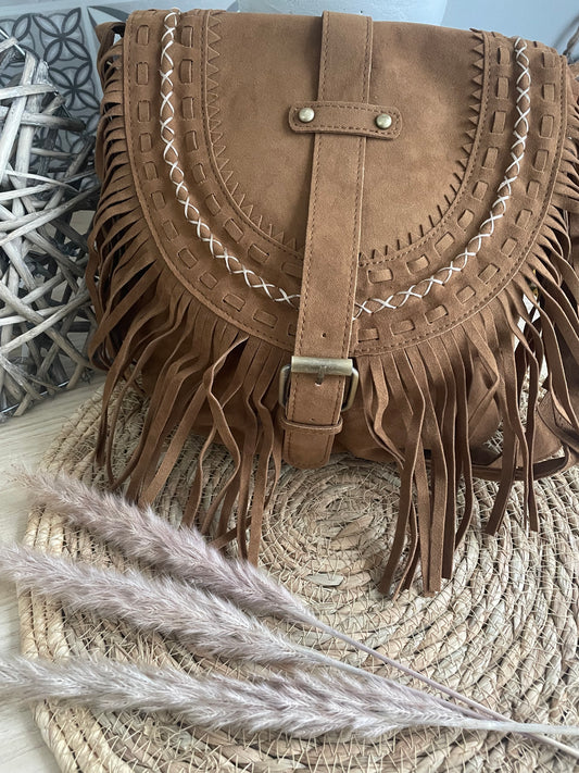 Sac moyen à bandoullière à frange cuir végan style Boho